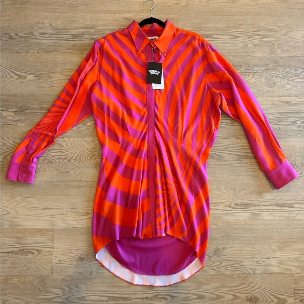 NWT BRANDON MAXWELL The Nouveau Mini Shirt Dress Fuchsia & Orange Swirl size 14 - Picture 4 of 12